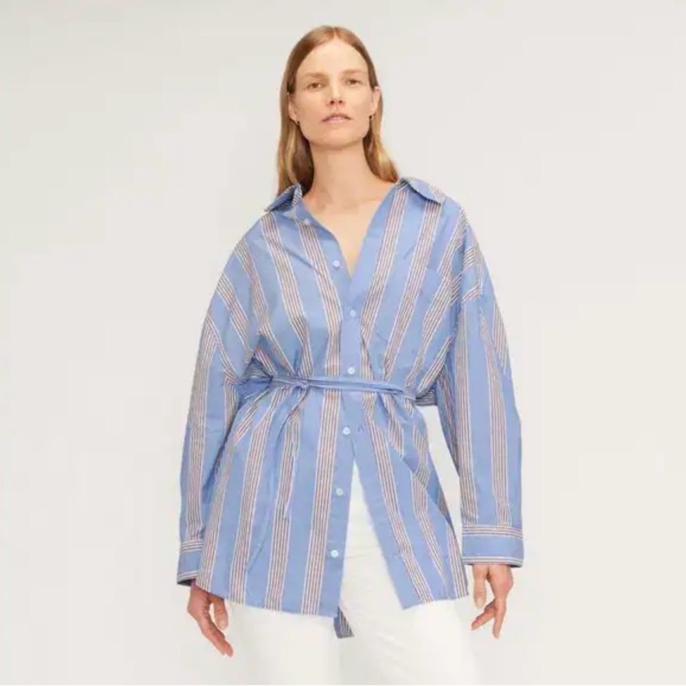 Everlane Poplin Shirt Opal Cabernet White Blue Striped Button Down Cotton Top: L
